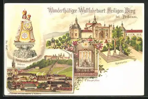 Lithographie Heiliger Berg bei Pribram, Teilansicht, Kalwaria, Haupt-Altar