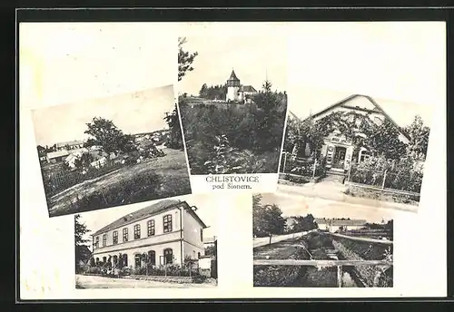 AK Chlistovice, Kirche, Ortsansicht, Strassenpartie