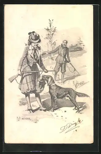 Künstler-AK W. Braun: Jägerin mit männlicher Begleitung und Jagdhund
