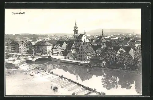 AK Stuttgart-Cannstatt, Partie an der Brücke mit Kirchturm