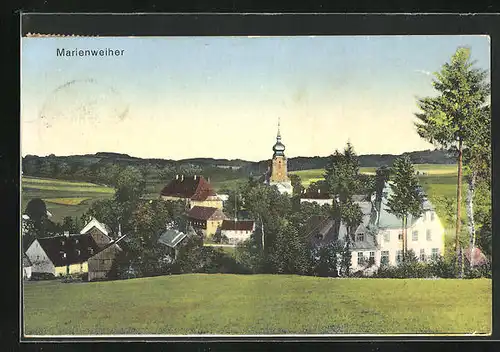 AK Marienweiher, Panorama mit Ortspartie und Kirche