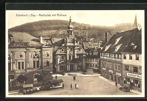 AK Kulmbach i. Bay., Marktplatz mit Rathaus und Gasthaus