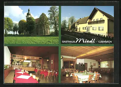 AK Ilsenbach, Gasthaus Miedl, Speisesaal und Kirche