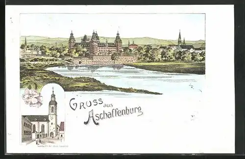 Lithographie Aschaffenburg, Sandkirche mit altem Sandthor, Schloss im Stadtbild