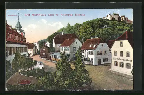 AK Bad Neuhaus /Saale, Gasthaus zur Salzburg mit Blick zur Ruine Salzburg