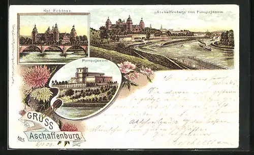 Lithographie Aschaffenburg, Pompejanum, Kgl. Schloss