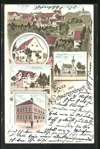 Lithographie Schwarzenbruck, Gasthaus von Sebastian Reck, Altes Schloss, Schule