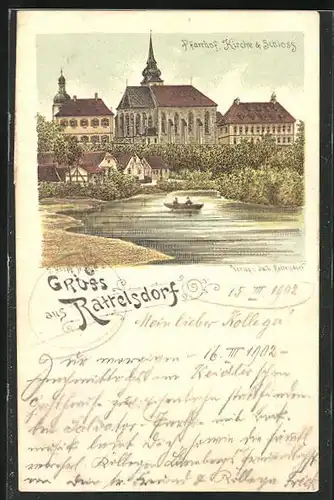 Lithographie Rattelsdorf, Pfarrhof mit Kirche und Schloss
