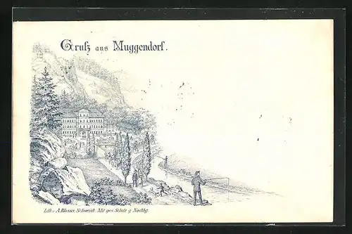 Lithographie Muggendorf, Blick zum Hotel Kurhaus, Angler