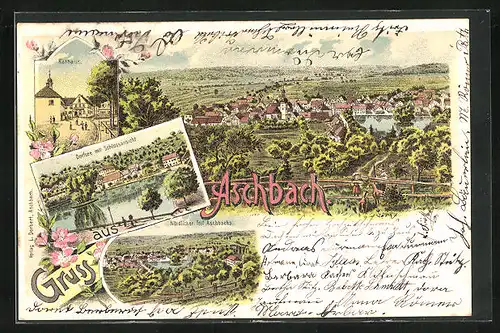 Lithographie Aschbach, Dorfsee mit Schloss, Rathaus