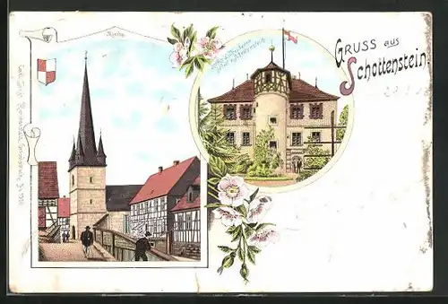Lithographie Schottenstein, Schloss des Freiherrn Schott v. Schottenstein, Strassenpartie an der Kirche