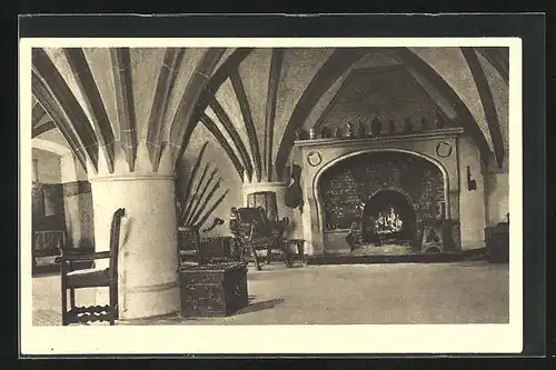 AK Lauenstein, Rittersaal mit Kaminecke in der Burg an der fränkisch-thüringischen Grenzwarte
