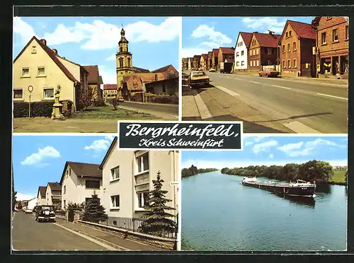 AK Bergrheinfeld /Kreis Schweinfurt, Strassenpartie mit Geschäft, Kirche, Uferpartie mit Boot