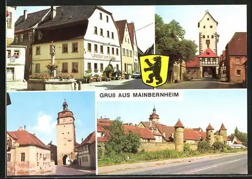 AK Mainbernheim in Franken, Gasthof zum Falken mit Brunnen, Tor, Strassenpartie mit Gebäudeansicht