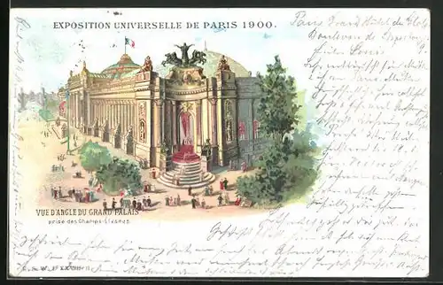 Lithographie Paris, Exposition universelle de 1900, Vue D`angle du Grand Palais, prise des Champs-Élysées
