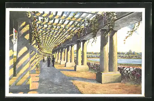 Künstler-AK Breslau, Ausstellung z. Jahrhundertfeier d. Freiheitskriege 1913, Pergola mit Blick auf den See