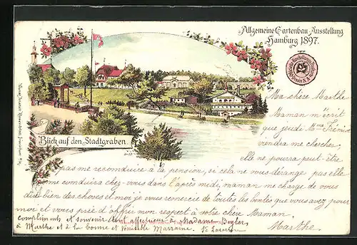 Lithographie Hamburg, Allgemeine Gartenbau-Ausstellung 1897, Blick auf den Stadtgraben