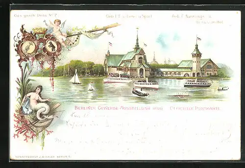 Lithographie Berlin, Gewerbe-Ausstellung 1896, Geb. f. Fischerei u. Sport & Nahrungs- u Genussmittel