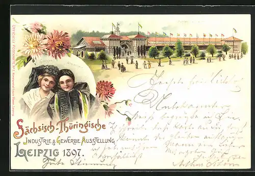 Lithographie Leipzig, Industrie & Gewerbe-Ausstellung 1897, Gartenbauhalle, Frauen in Tracht