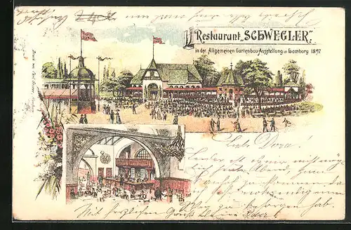 Lithographie Hamburg, Allgemeine Gartenbau-Ausstellung 1897, Restaurant Schwegler