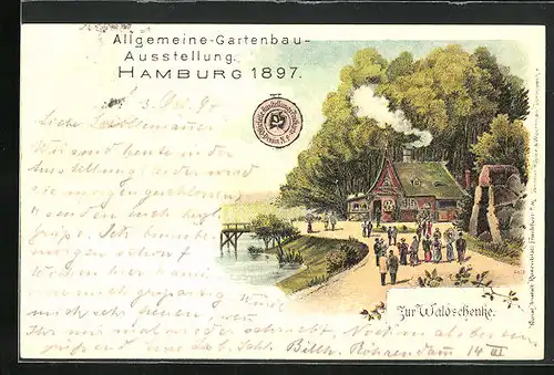 Lithographie Hamburg, Allg. Gartenbau Ausstellung 1897, Gasthaus zur Waldschenke