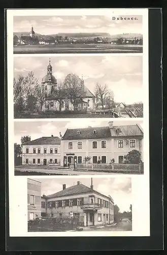 AK Dubenec, Hostinec /Gasthaus, Kostel /Kirche, Ortsansicht