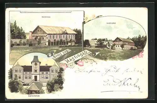 Lithographie Mastigbad, Restaurant, Badehaus, Teilansicht vom Ort