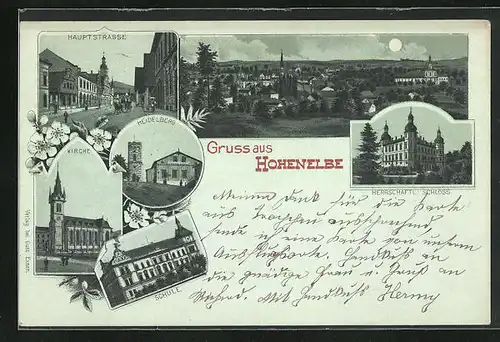 Mondschein-Lithographie Hohenelbe / Vrchlabi, Gasthaus auf dem Heidelberg, Hauptstrasse, Schule, Kirche