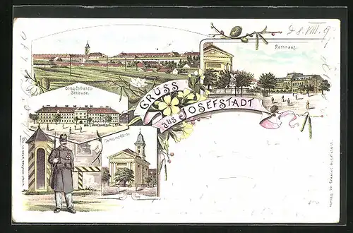 Lithographie Josefstadt / Josefov / Jaromer, Rathaus, Corps-Commando, Garnisons-Kirche, Wache