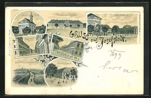 Lithographie Josefstadt / Josefov / Jaromer, Neuer und alter Pavillon, Jaromerer Gasse, Königgrätzer Gasse
