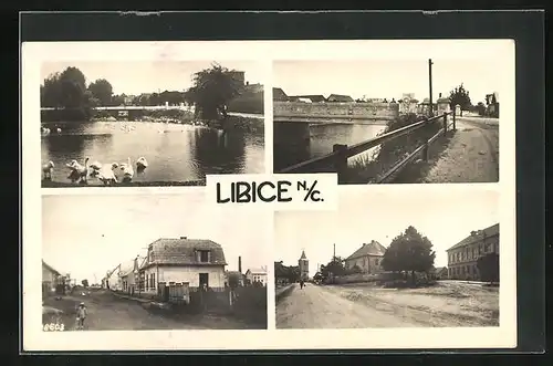 AK Libice n. C., Strassenpartie mit Gebäudeanicht, Brücke, Uferpartie