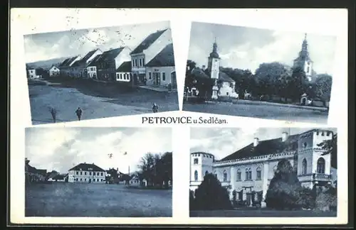 AK Petrovice u Sedlcan, Strassenpartie mit Geschäften, Kirche, Gebäudeansicht