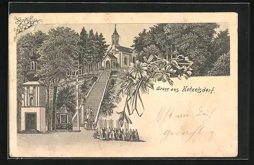Künstler-AK Ketzelsdorf, Ortspartie mit Kirche