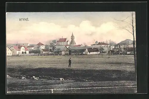 AK Rtyne, Panorama mit Kirche