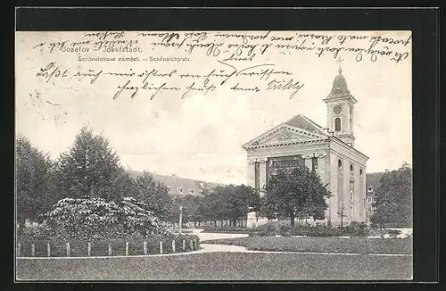 AK Josefstadt / Josefov / Jaromer, Schönaichplatz mit Kirche