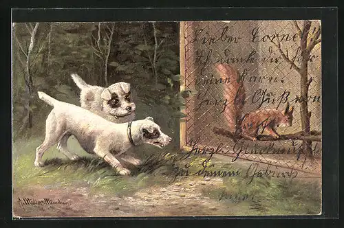 Künstler-AK August Müller - München: Jack Russell Terrier bellen Eichhörnchen an