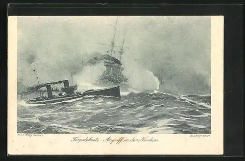 Künstler-AK Willy Stoewer: Torpedoboots-Angriff in der Nordsee, Kriegsschiff