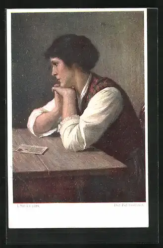 Künstler-AK Josef Straka: Frau mit einem Feldpostbrief am Tisch