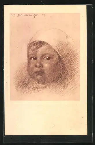 Künstler-AK Walter Schachinger: Portrait von Kleinkind mit Mütze