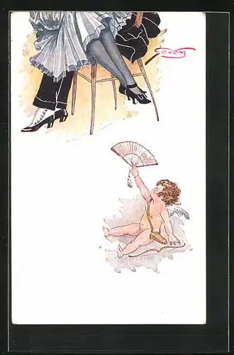 Künstler-AK sign. Gexey: Dame sitzt auf dem Schoss des Herren, Amor mit Fächer in der Hand