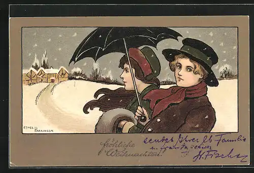 Künstler-AK Ethel Parkinson: Junges Paar im Schnee
