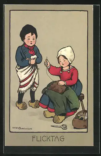 Künstler-AK Ethel Parkinson: Flicktag, Kinder beim Hose flicken