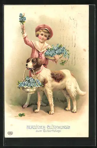 Präge-AK Mädchen und Bernhardiner mit Blumenkörben