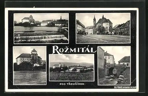 AK Rozmitál, Marktplatz mit Kirche, Bach, Schloss