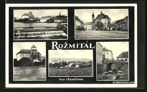 AK Rozmitál, Schloss am See, Bach, Kirchplatz