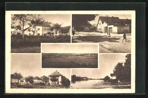 AK Horni Pocaply, Strassenpartie mit Gebäudeansicht, Ortspartie, Uferpartie