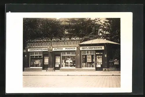 Foto-AK Stadt unbekannt, Lebensmittel-Geschäft von Alfred Maurer