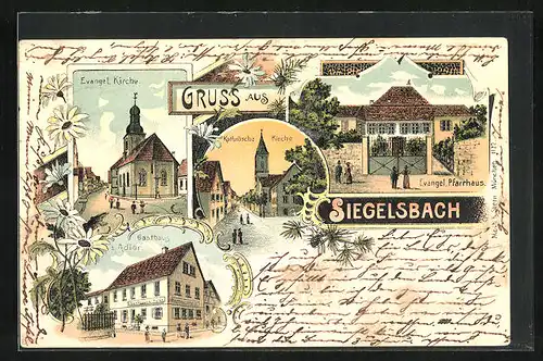 Lithographie Siegelsbach, Gasthaus zum Adler, Evangel. Pfarrhaus