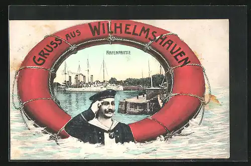 AK Wilhelmshaven, Kriegsschiff im Hafen, Matrose und Rettungsring