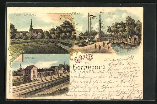Lithographie Horneburg, Bahnhof, Hafen, Kirche und Schulhaus